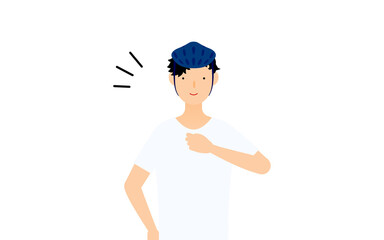 笑顔で胸を叩く男性スケーター