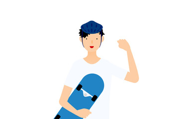 スケボーを抱いてガッツポーズをとる笑顔の男性スケーター