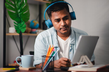 male students study online happily Communicate with teachers through video conferencing by taking lessons through the app. new learning concept
