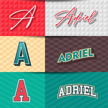 ,Male name,Adriel in various Retro graphic design elements, set of vector Retro Typography graphic design illustration