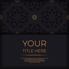 Square Postcard template in dark color with abstract patterns. Print-ready invitation design with vintage ornaments.