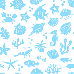 海の生き物の水色シルエットパターン