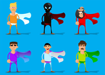 Funny cartoon man dressed as a superhero holding finger under his mouth. Vector illustration.