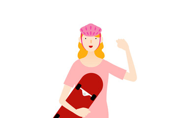 スケボーを抱いてガッツポーズをとる笑顔の女性スケーター