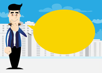 Funny cartoon man dressed for winter holding finger under his mouth. Vector illustration.