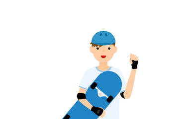 スケボーを抱いてガッツポーズをとる笑顔の男の子のスケーター