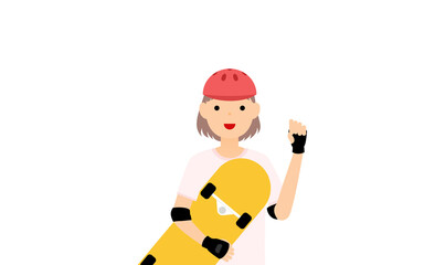 スケボーを抱いてガッツポーズをとる笑顔の女の子のスケーター