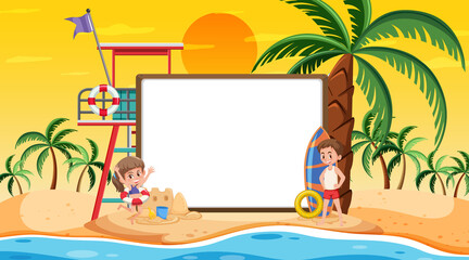 Fototapeta na wymiar Empty banner template with kids on vacation at the beach sunset scene