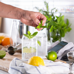 Mixologist making refreshing cocktail with hard seltzer at home