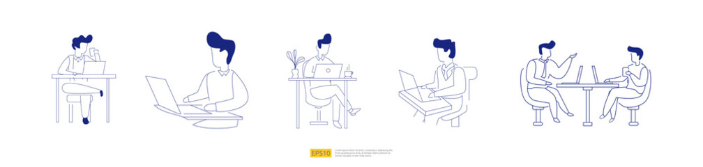 businessman working at a laptop computer in the workplace desk office. Business illustration concept for remote work or freelance with man character. Vector illustration set in flat style