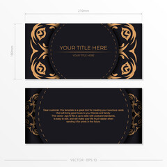 Rectangular Dark color postcard template with abstract patterns. Print-ready invitation design with vintage ornaments.