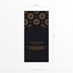 Rectangular postcard in dark color with abstract ornament. Invitation card design with vintage patterns.