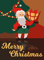 Christmas banner or card, poster with gnome near fir, flat vector illustration.