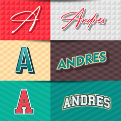,Male name,Andres in various Retro graphic design elements, set of vector Retro Typography graphic design illustration