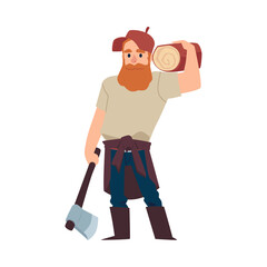 Lumberjack or woodcutter with timber and axe flat vector illustration isolated.