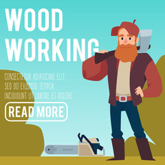 Woodworking banner template with lumberjack, flat vector illustration.