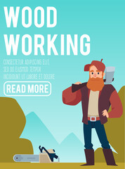 Male character lumberjack holding axe for chopping wood on shoulder.