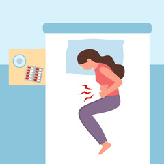 Woman lying on bed feeling pain in stomach concept vector illustration. Diarrhea or constipation. Abdomen disease and illness. Period pain in flat design.