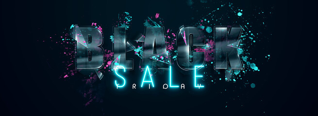 Black Friday sale flyer. Commercial discount banner. Black glass letters on a black background. Sales, discounts, price drops, poster, website header. 3D illustration, 3D render, copy space.