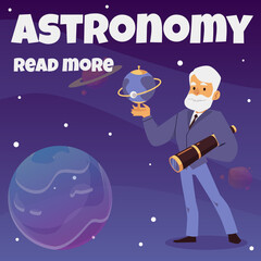 Astronomer scientist holding telescope and globe earth a vector illustration.