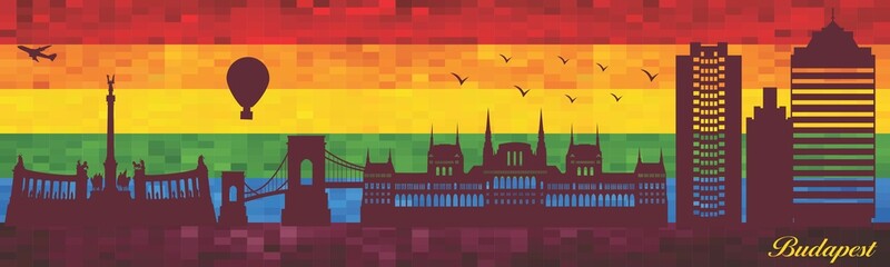 Budapest on LGBT flag background - illustration, 
Town in Rainbow background, 
Vector city skyline silhouette