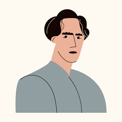Portrait of manly handsome guy with fashionable hairstyle looking at camera with serious expression. Avatar of a nordic guy for social network. Flat vector cartoon illustration isolated on white