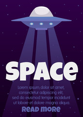 Space banner template with futuristic UFO ship, flat vector illustration.
