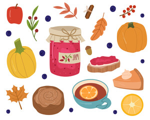 Autumn cozy set with jam,tea,bun,pumpkins,apple,leaves and berries.