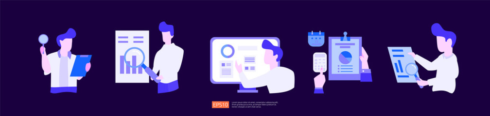 digital analysis concept for business market research set, marketing strategy, auditing and financial. data visualization with character, charts and statistics for landing page, banner, presentation