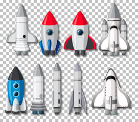 Set of different rocket and spaceship on transparent background