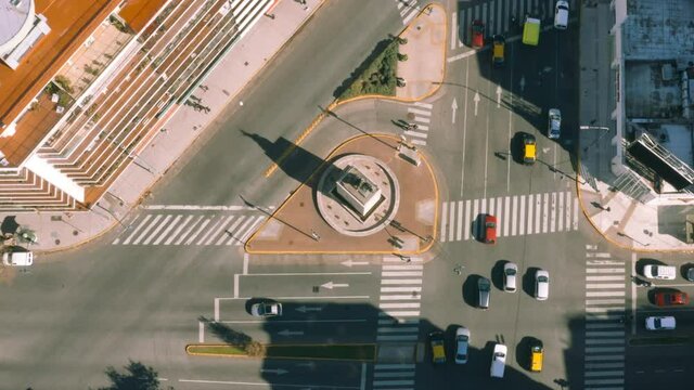 AERIAL - Cid Campeador monument, intersection, Buenos Aires, Argentina, top down