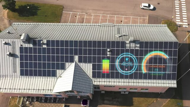 Rooftop solar power cells, with Battery icon, meter and percentage HUD - 3d animation