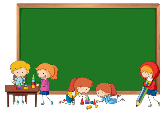 Empty blackboard with many kids doodle cartoon character isolated