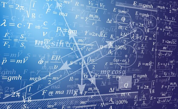 Background for a presentation on physics. Formulas, drawings in physics. Abstract vector illustration of a set of formulas and drawings in physics on a blue background.