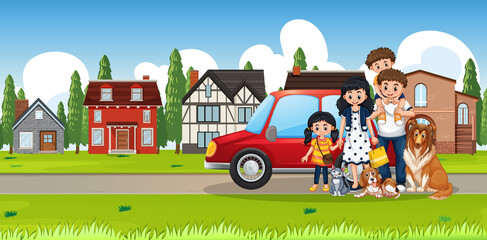Naklejka premium Street outdoor scene with happy family
