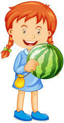 Fototapeta premium Happy girl cartoon character holding a watermelon