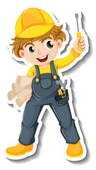 Sticker design with auto mechanic cartoon character