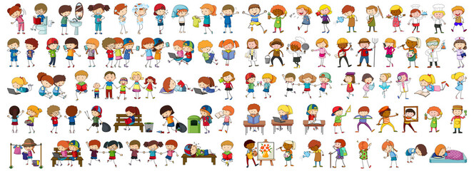 Fototapeta na wymiar Set of different doodle kids cartoon character