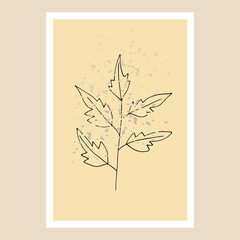 abstract poster with leaves. monochrome, minimalistic, trendy, retro. wall decor, art prints. doodle hand drawn.