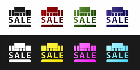 Set Shopping building or market store icon isolated on black and white background. Supermarket sale concept. Vector Illustration