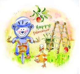 Watercolor teddy bear on bicycle duck for print on t-shirt, poster. Happy summer. Hand-drawn, full-color illustration.