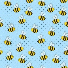 Seamless pattern with bees on color polka dots background. Small wasp. Vector illustration. Adorable cartoon character. Template design for invitation, cards, textile, fabric. Doodle style