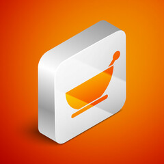 Isometric Mortar and pestle icon isolated on orange background. Silver square button. Vector Illustration
