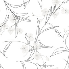 Floral seamless pattern, black and white golden shower flowers and line art leaves on white