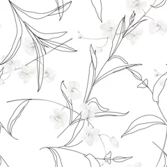 Fototapeten Floral seamless pattern, black and white golden shower flowers and line art leaves on white © momosama