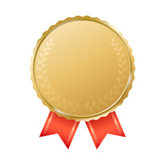 金メダルのアイコン。赤いリボンとローリエの葉（月桂冠）が描かれたゴールドメダルのイラスト。