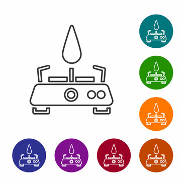 Black line Camping gas stove icon isolated on white background. Portable gas burner. Hiking, camping equipment. Set icons in color circle buttons. Vector