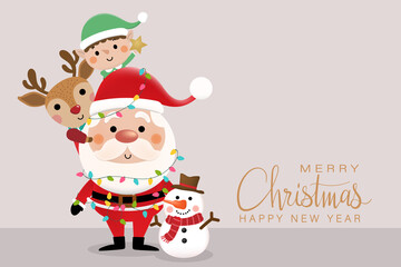 Merry Christmas and happy new year 2022 greeting card with cute Santa Claus, little elf, snowman and deer. Holiday cartoon character in winter season. -Vector