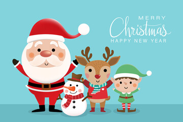 Merry Christmas and happy new year 2022 greeting card with cute Santa Claus, little elf, snowman and deer. Holiday cartoon character in winter season. -Vector