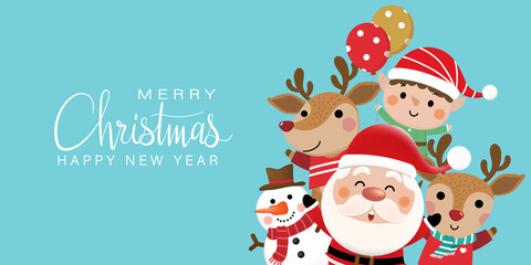 Merry Christmas and happy new year 2022 greeting card with cute Santa Claus, little elf, snowman and deer. Holiday cartoon character in winter season. -Vector